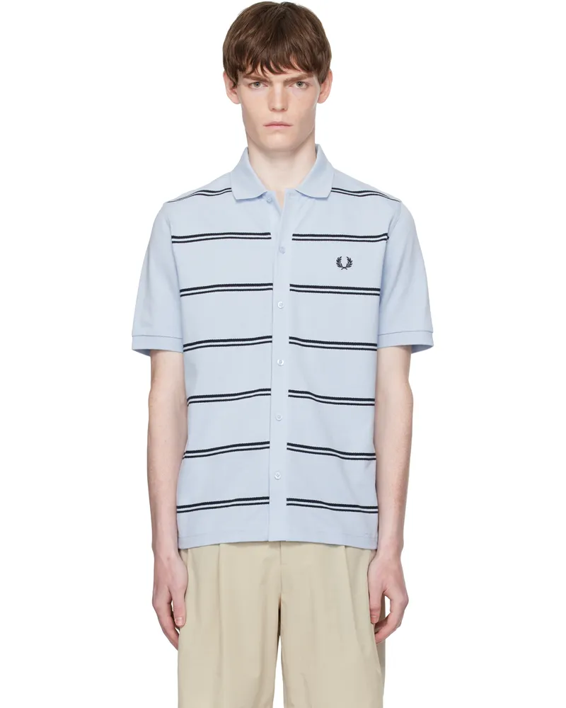 Fred Perry Blue Striped Button Through Polo Shirt 146light