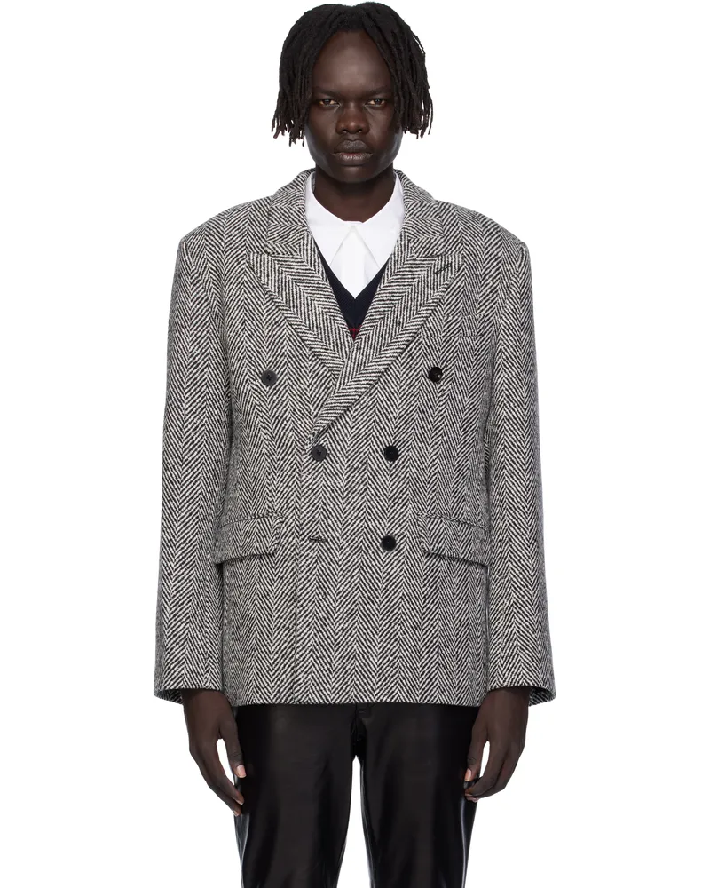 Ernest W. Baker Black & White Six Button Double-Breasted Blazer Herringbone