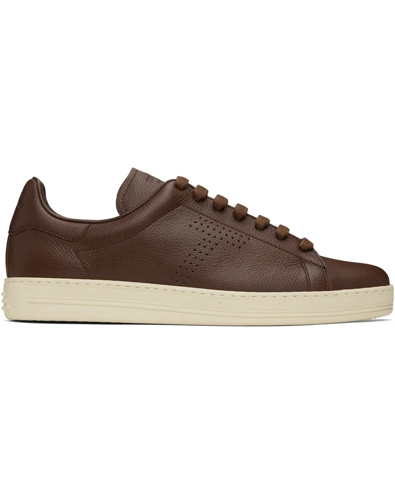 Tom Ford Brown Grained Leather Warwick Sneakers Tobacco