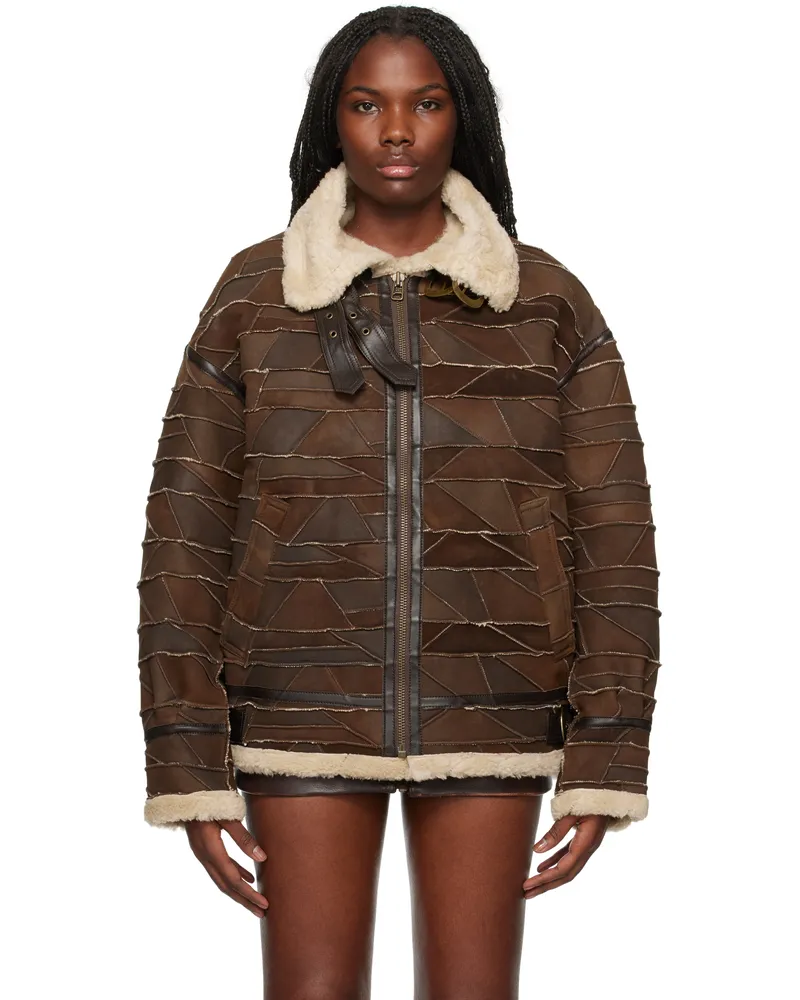 Guess Brown Patchwork Faux-Shearling Jacket F1fv