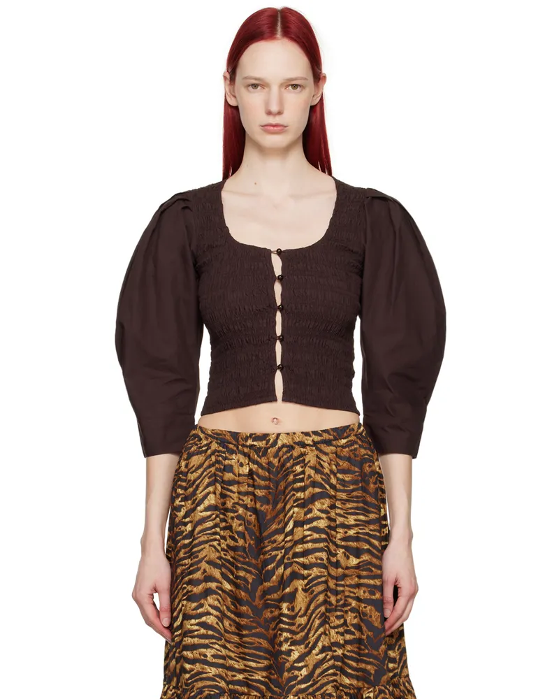 Ganni Brown Smocked Blouse 897