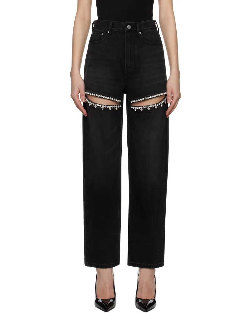 Area Black Crystal Slit Jeans Black