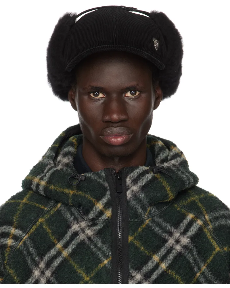 Burberry Black Shearling Trim Corduroy Trapper Cap Black