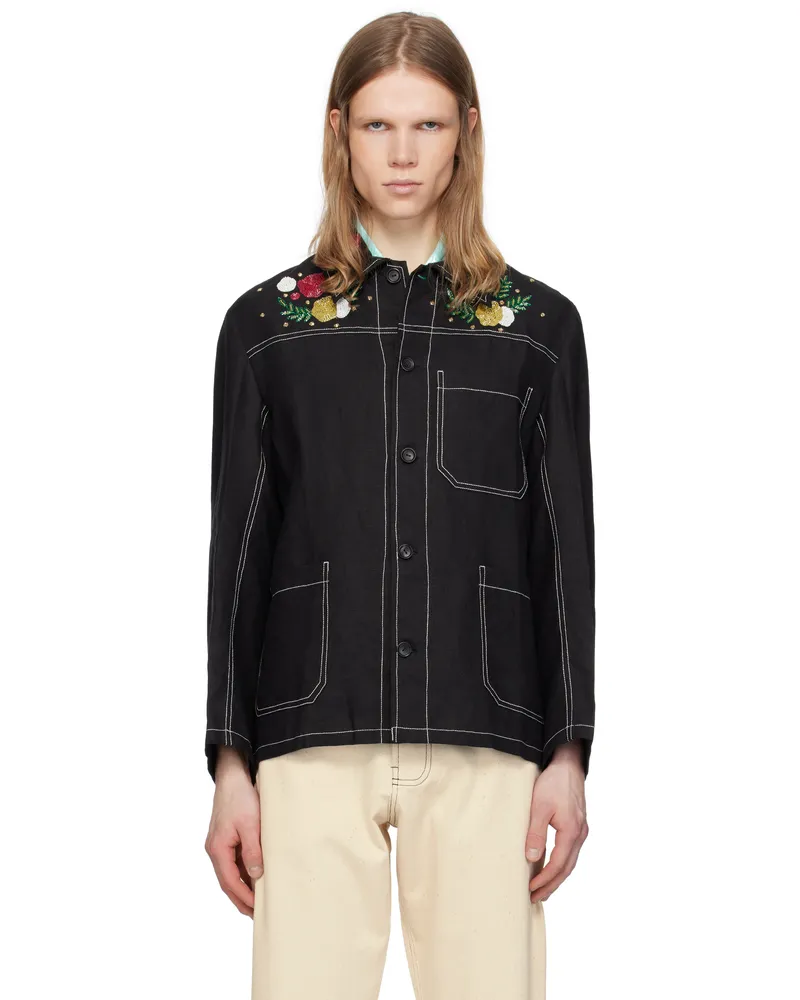HARAGO Black Beadwork Double Stitch Jacket Black