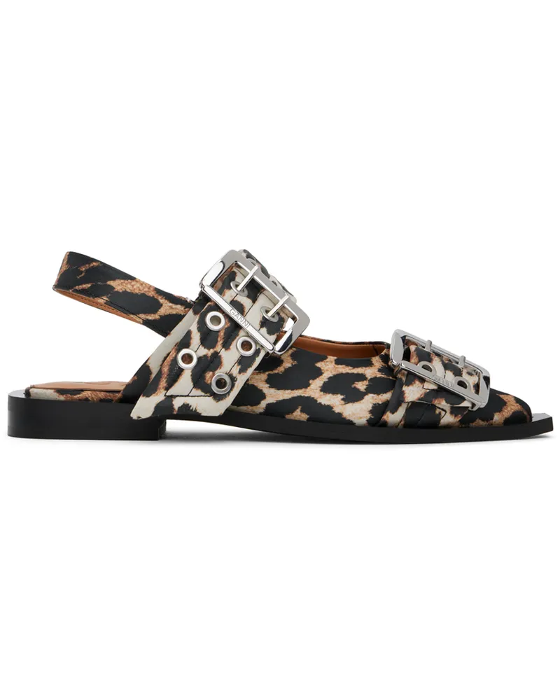 Ganni Beige & Black Leopard Satin Buckle Ballerina Flats 943