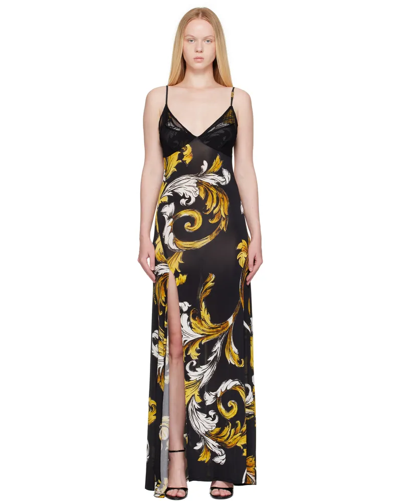 Versace Jeans Black Outline Barocco Slip Maxi Dress Eg89