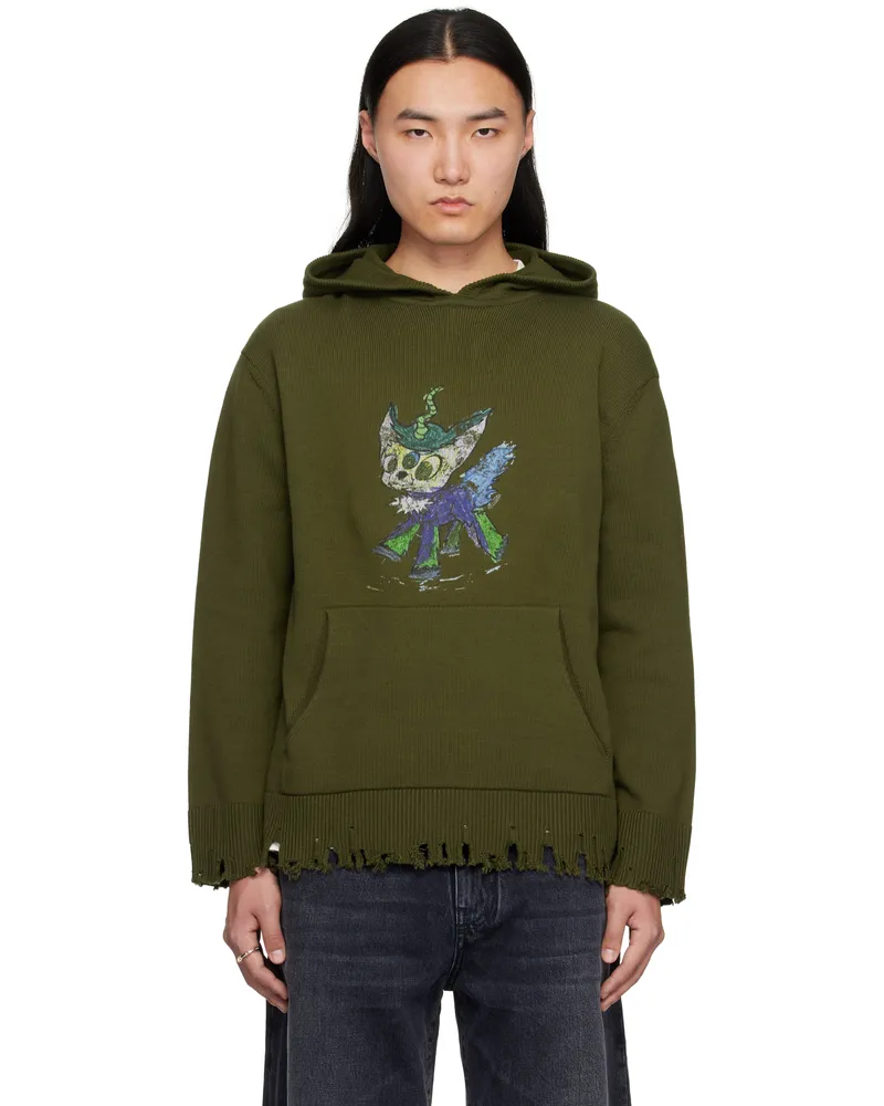 WE 11 DONE Khaki Grunge Monster Pony Knit Hoodie Khaki