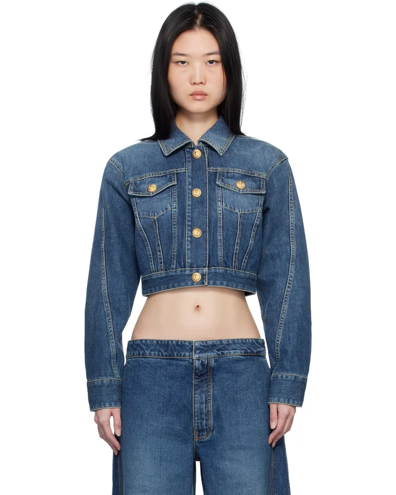 Balmain Blue Cropped Faded Denim Jacket 6kd