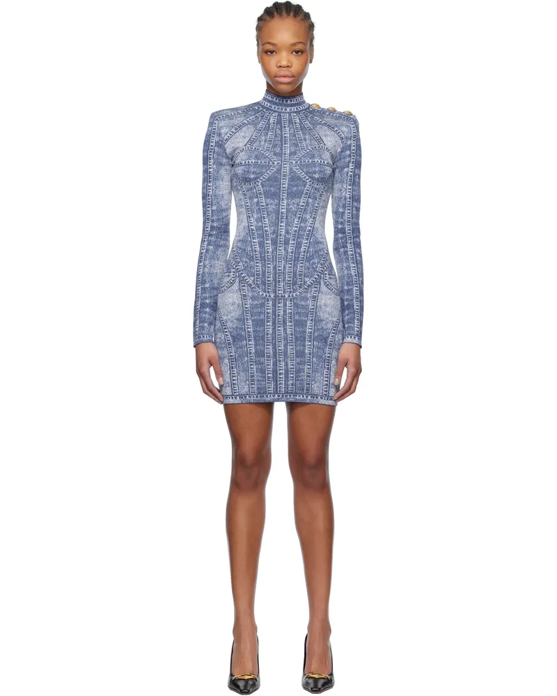 Balmain Blue Jacquard Denim Effect Minidress 6ff