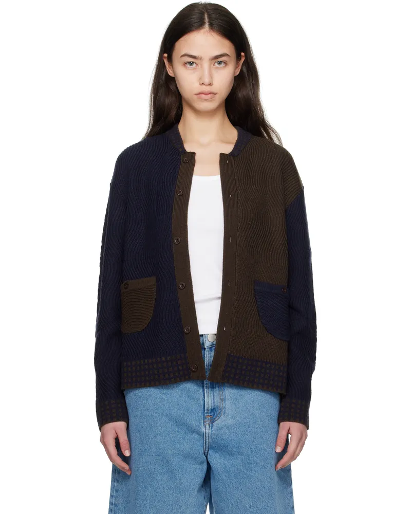 Dime Navy & Brown Wave Knit Cardigan Navy