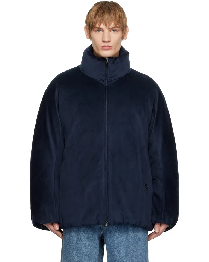 Wooyoungmi Navy Velour High Neck Goose Down Jacket 951n