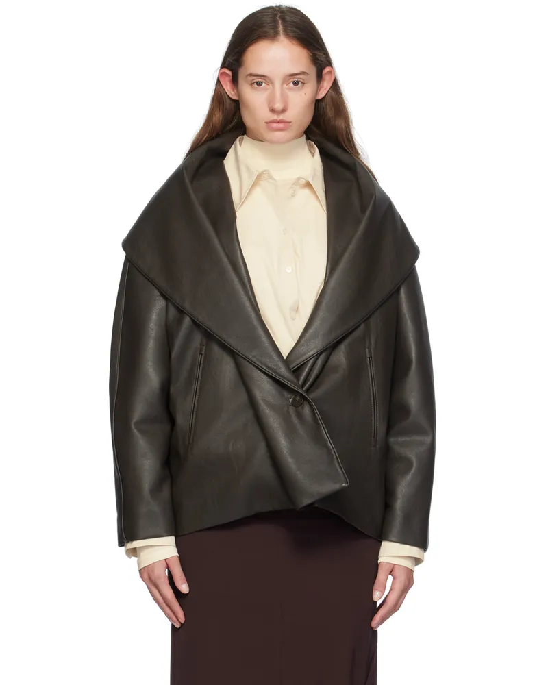GIA STUDIOS Brown Shawl Collar Faux-Leather Jacket Dark