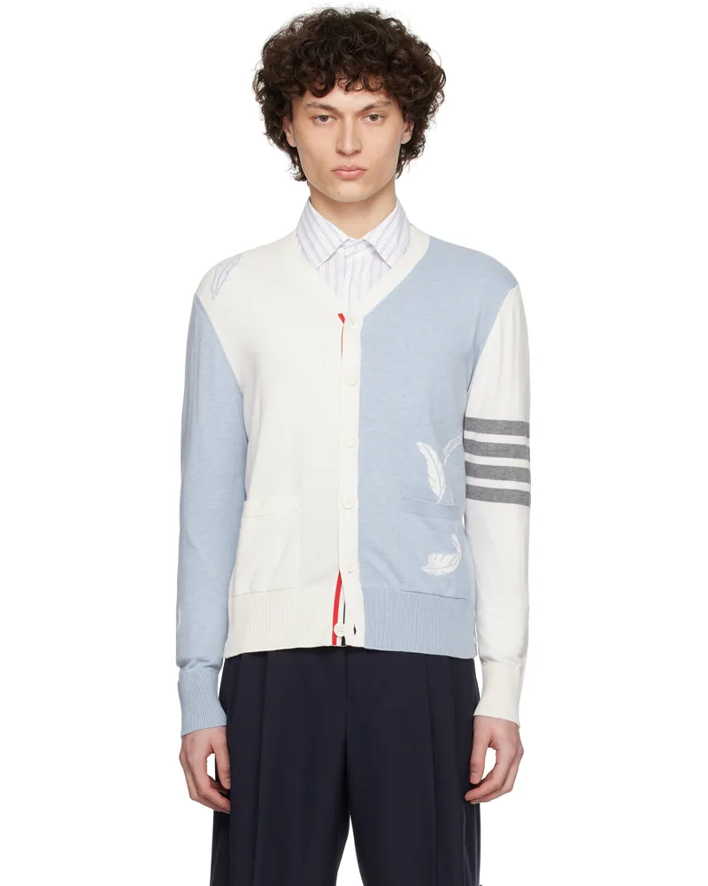Thom Browne Off-White & Blue Feather High V-Neck Cardigan 482lt