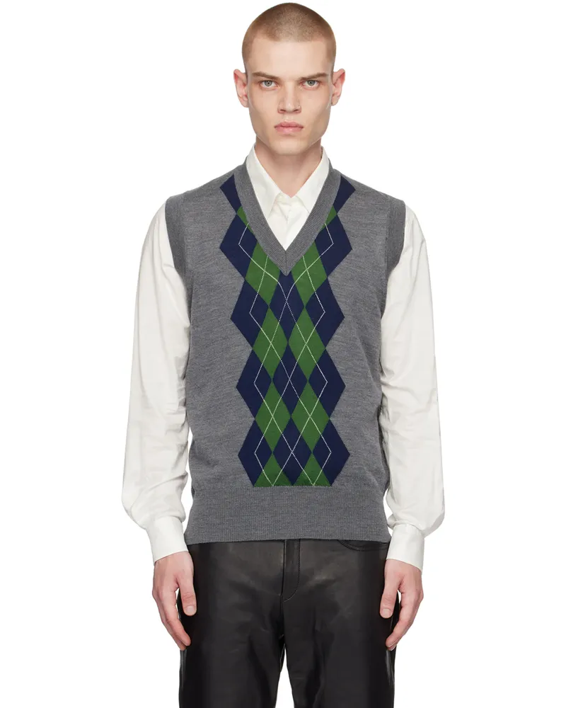 AMI Paris Gray Argyle Vest Heather