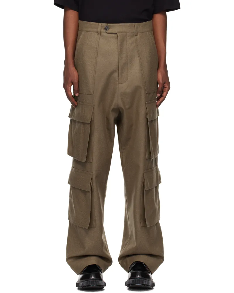 LOWNN Taupe Flannel Wool Long Cargo Pants Greige
