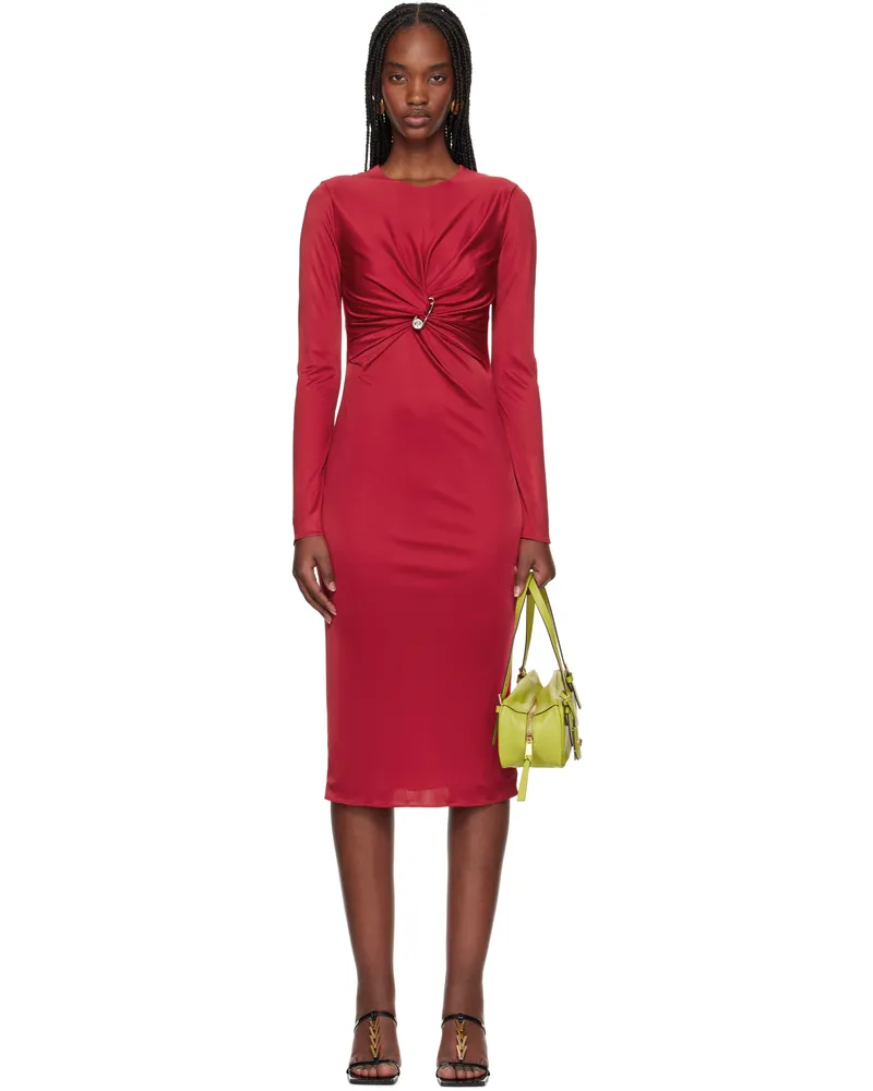 Versace Red Safety Pin Gathered Fitted Midi Dress 1rb30-lipstick