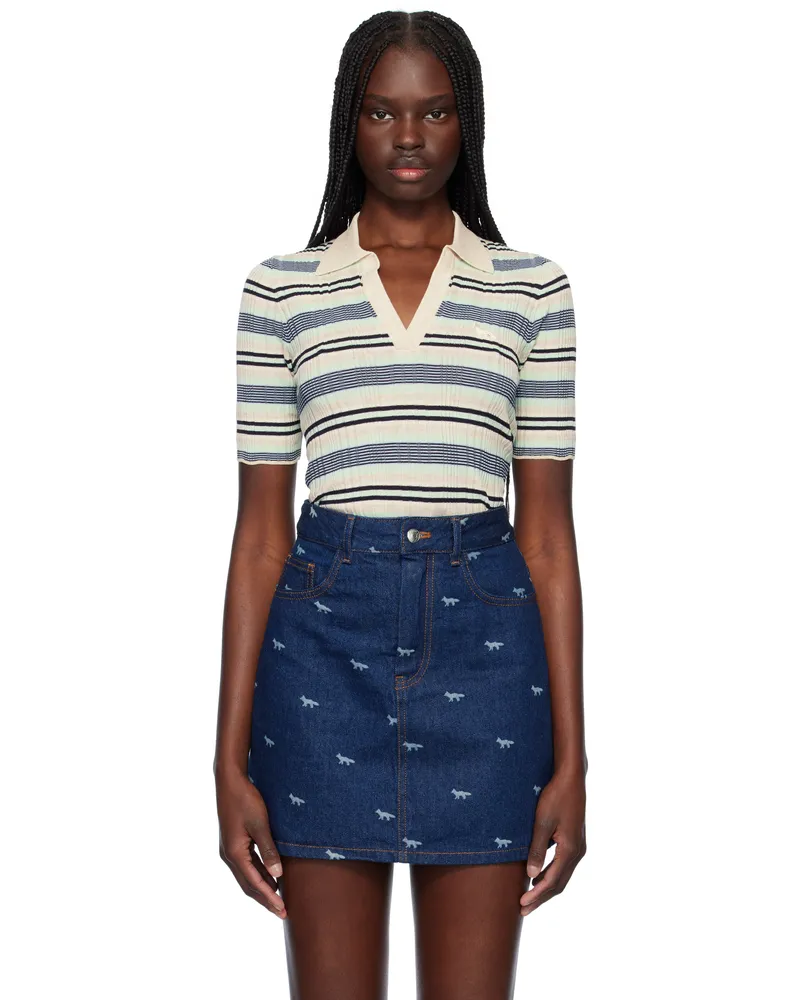 Kitsuné Beige & Blue Fine Rib Striped Polo 0269