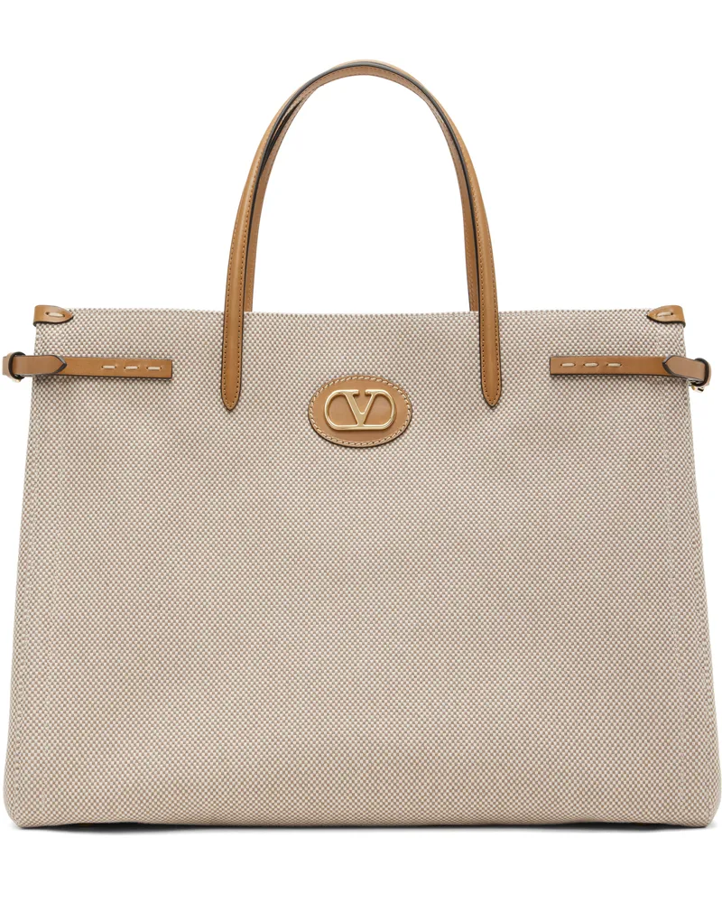 Valentino Garavani Off-White & Brown Antibes Large Canvas Shopping Tote R2h