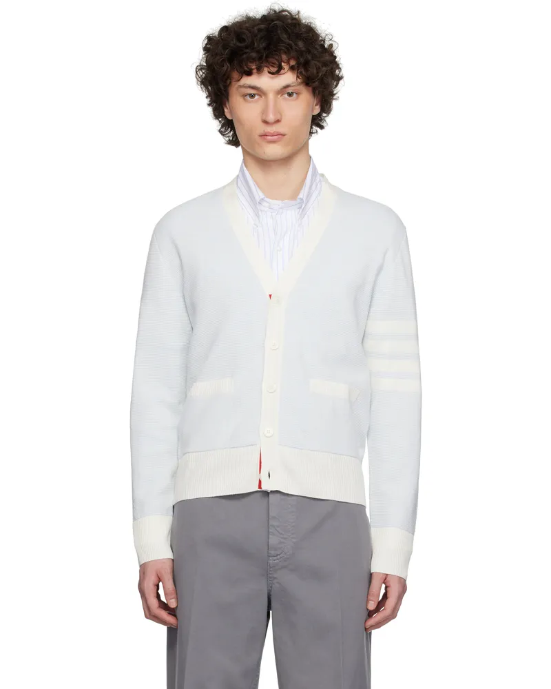 Thom Browne Blue Linen Cotton 4-Bar Relaxed Fit Cardigan 480light