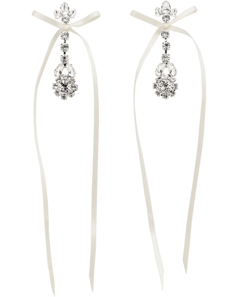 Simone Rocha Silver & White Victorian Bow Ribbon Drip Earrings Crystal