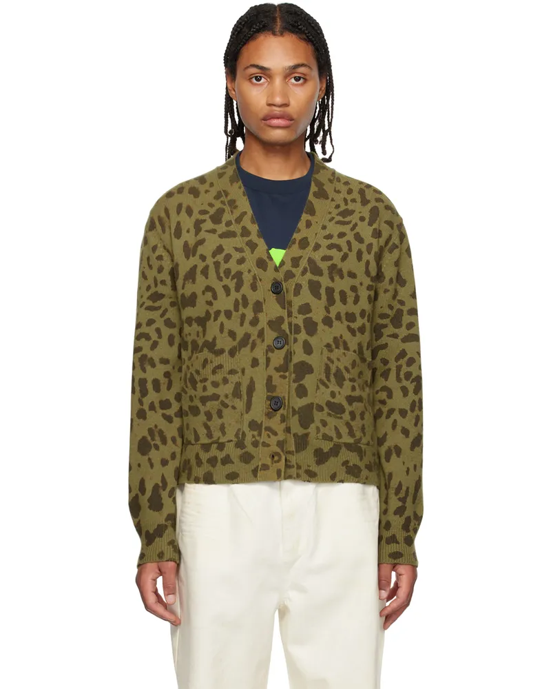 WE 11 DONE Khaki & Brown Leopard Cardigan Khaki