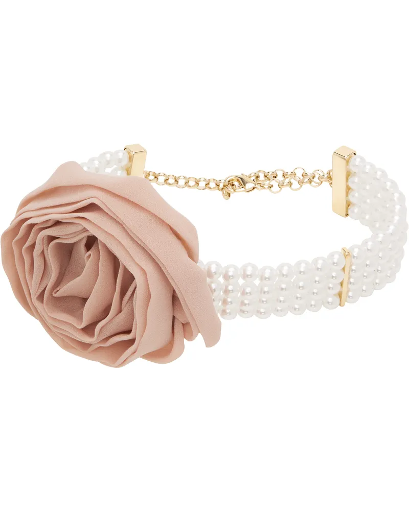 Blumarine White & Pink Metal Faux-Pearl 3D Rose Choker C1071