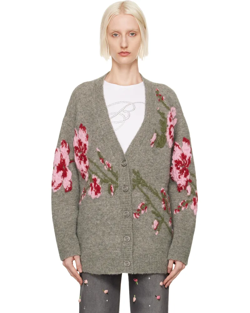 Blumarine Gray Jacquard Roses Cardigan F9141