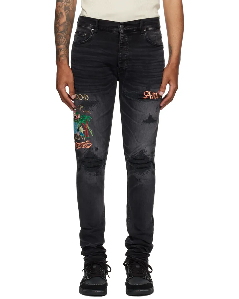 Amiri Black Embroidered 'Sinners' Skinny Jeans Faded