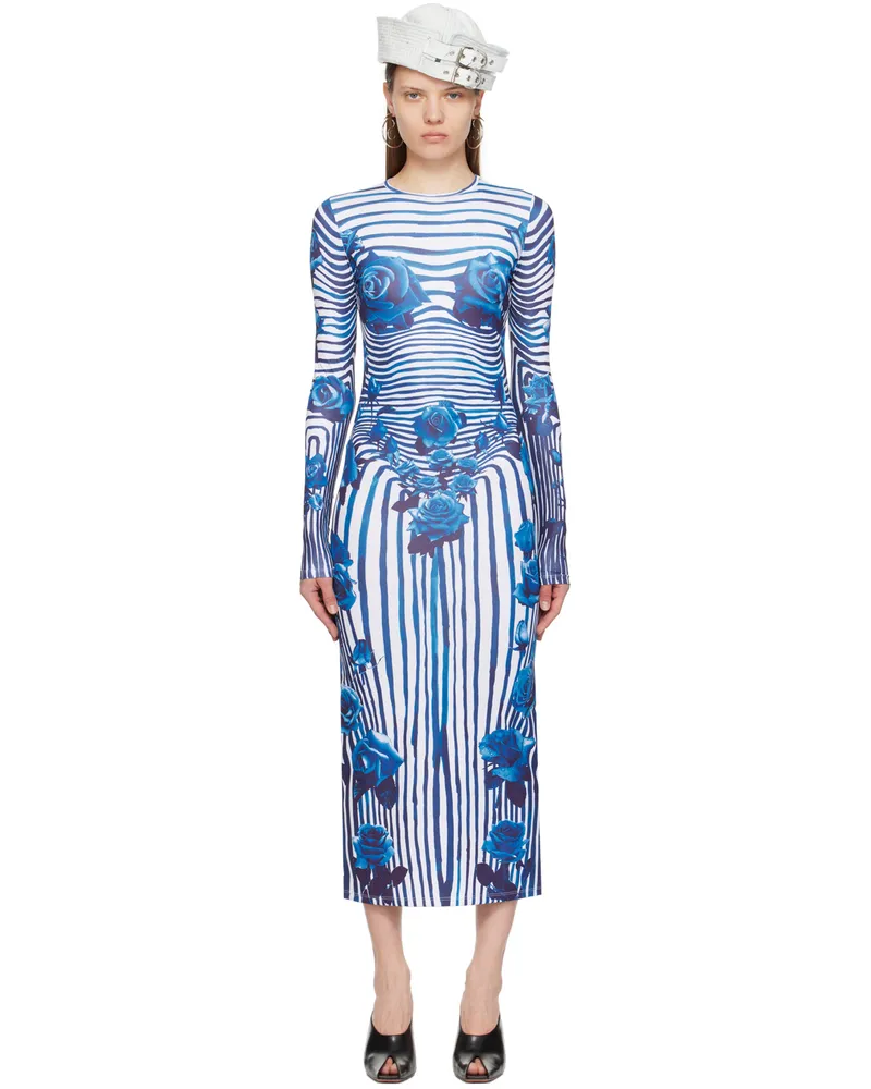 Jean Paul Gaultier White & Blue Flower Body Morphing Maxi Dress 015951