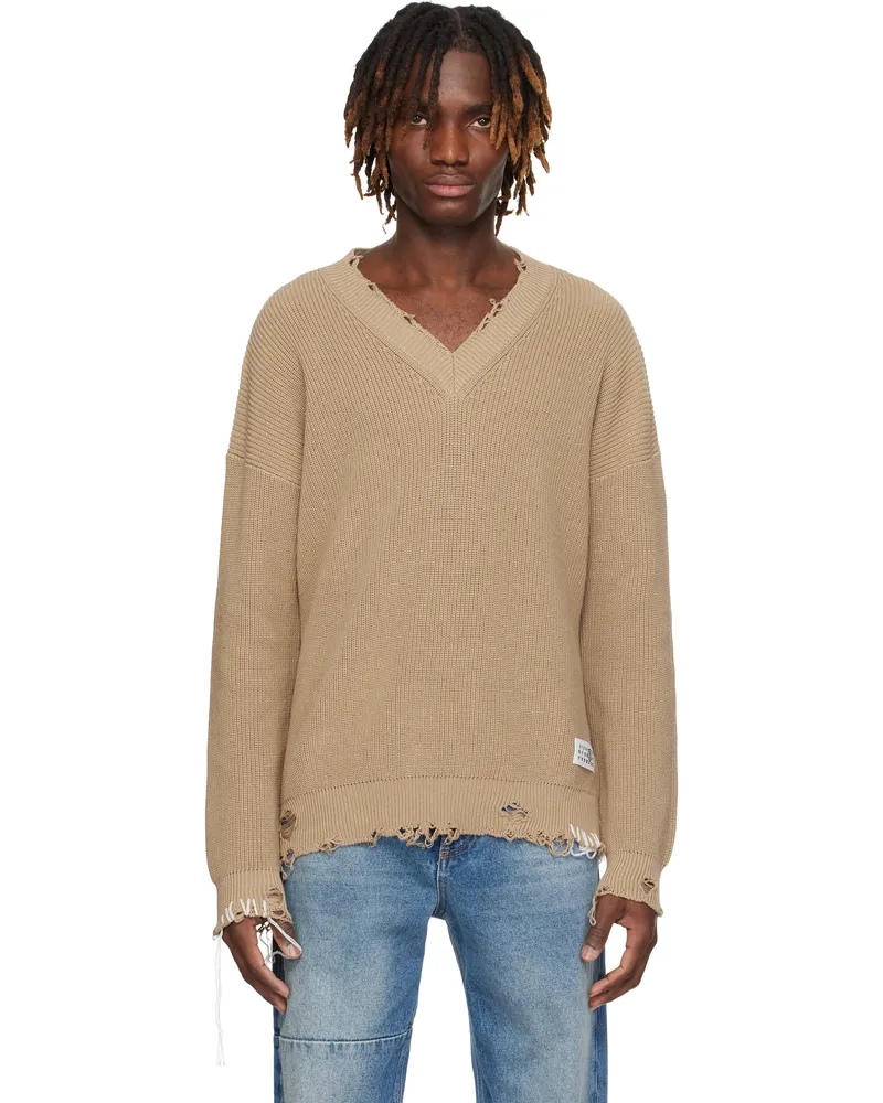 Maison Margiela Tan Frayed V-neck Sweater 119