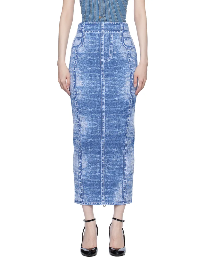 Balmain Blue Denim Effect Knit Midi Skirt 6ff