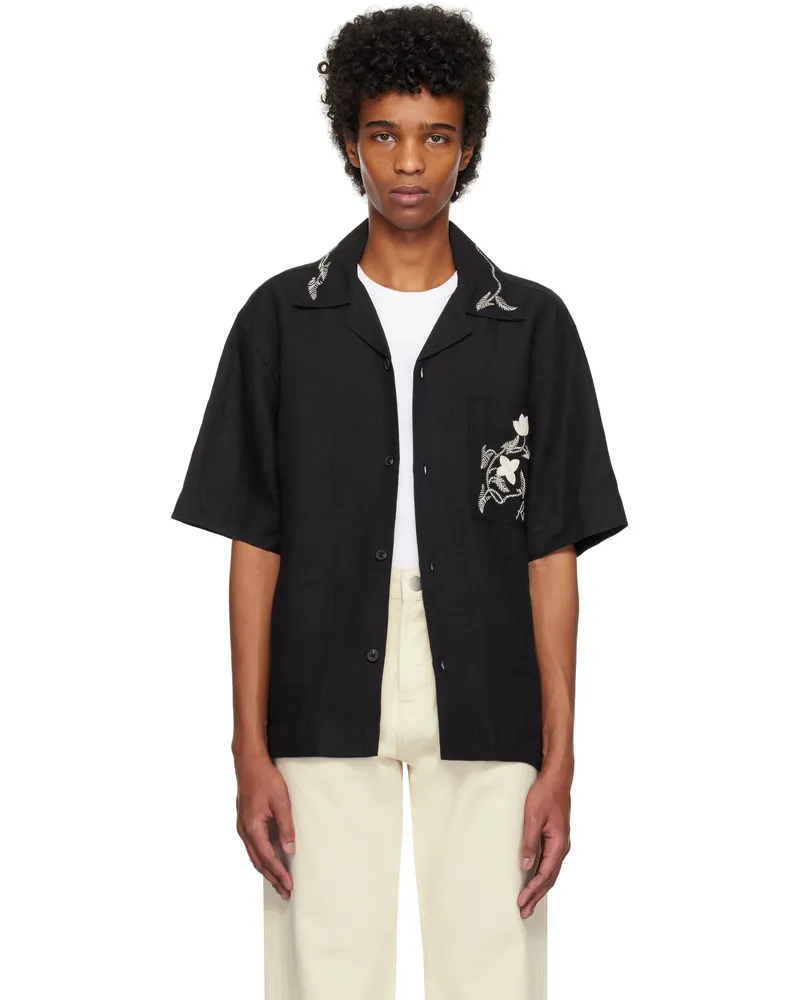 Róhe Black Hand Embroidered Short Sleeve Shirt Black