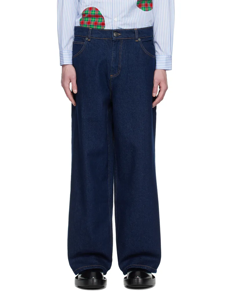Charles Jeffrey Loverboy Blue Wide Leg Knit Patch Jeans Indigo