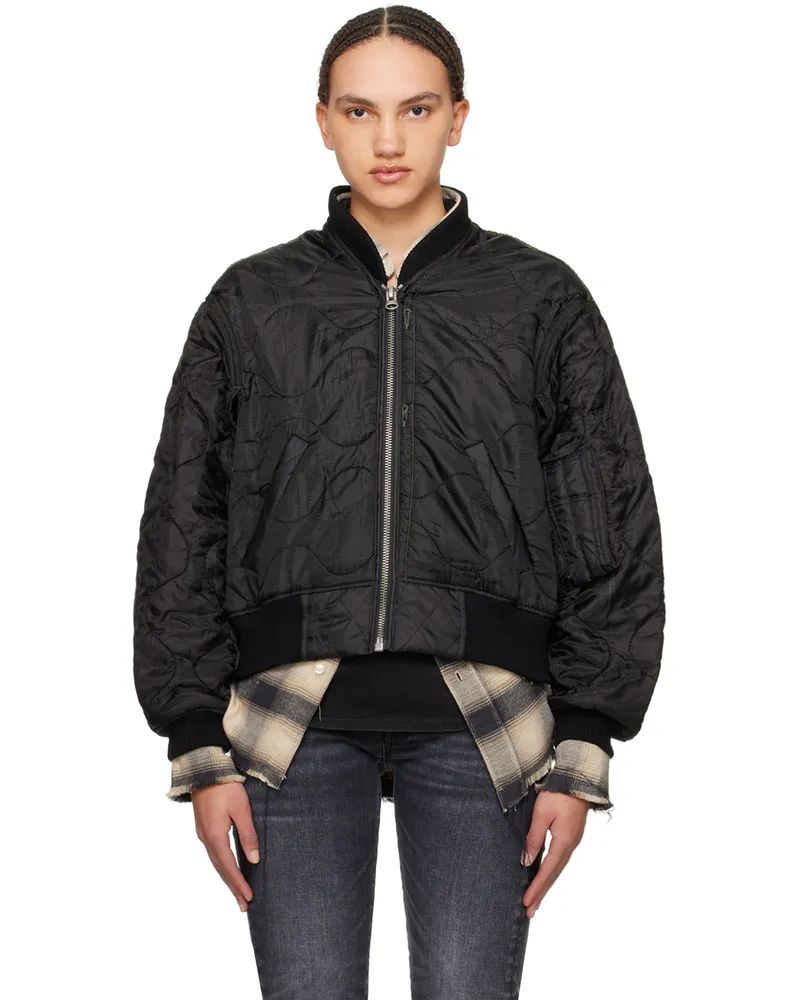R13 Black Quilted Bomber Jacket Overdyed