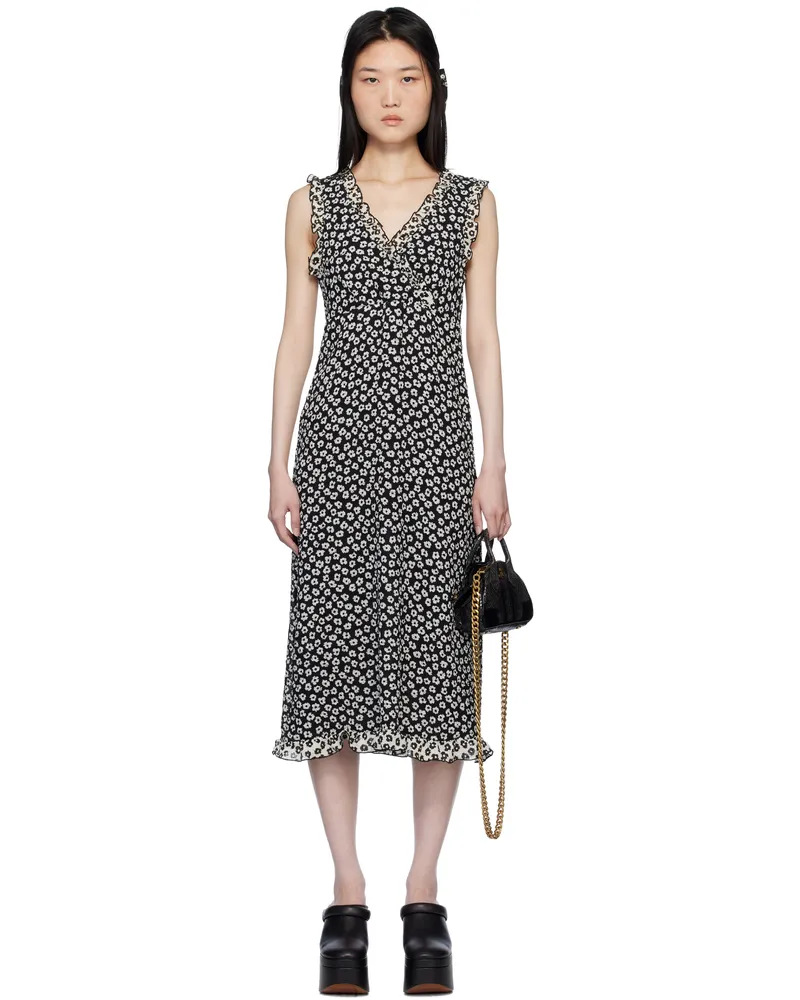 Anna Sui Black Daisy Pucker Midi Dress Black