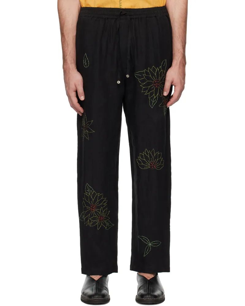 HARAGO Black Sunflower Embroidered Trousers Black