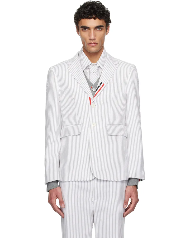 Thom Browne White & Gray Classic Grosgrain Placket Madras Blazer 035