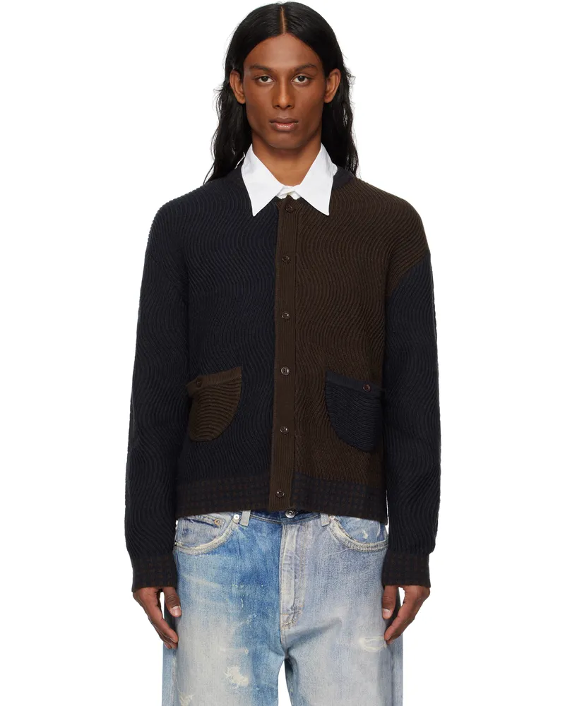 Dime Navy & Brown Wave Knit Cardigan Navy