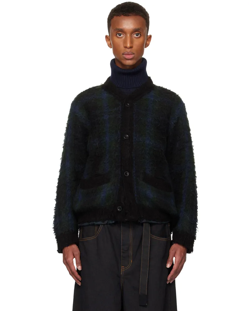 Sacai Black & Green Plaid Knit Cardigan 001