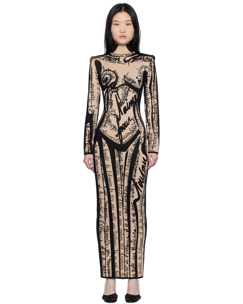 Balmain Black & Tan Body Motif Knit Maxi Dress Gct