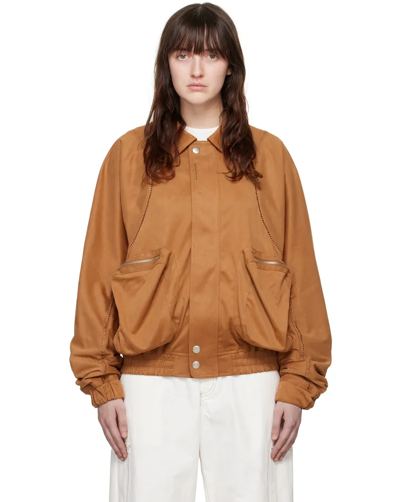 lesugiatelier Tan Embroidered Faux-Leather Bomber Jacket Brown