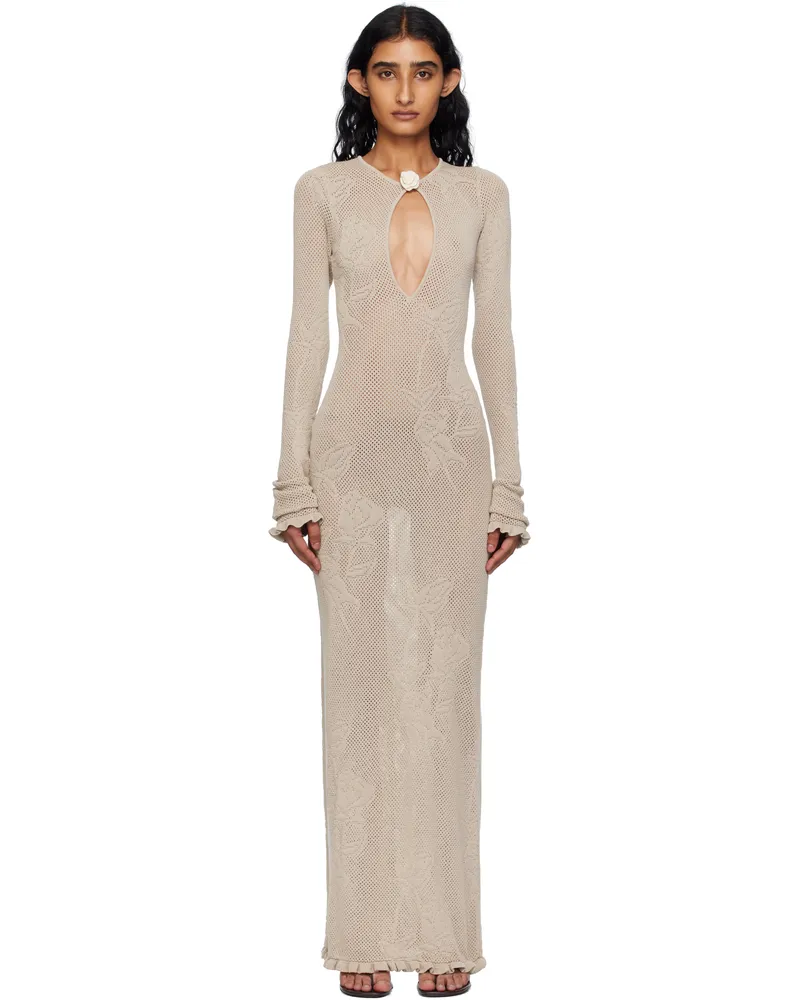 Mirror Palais Beige Rose Pointelle Knit Maxi Dress Grey-brown