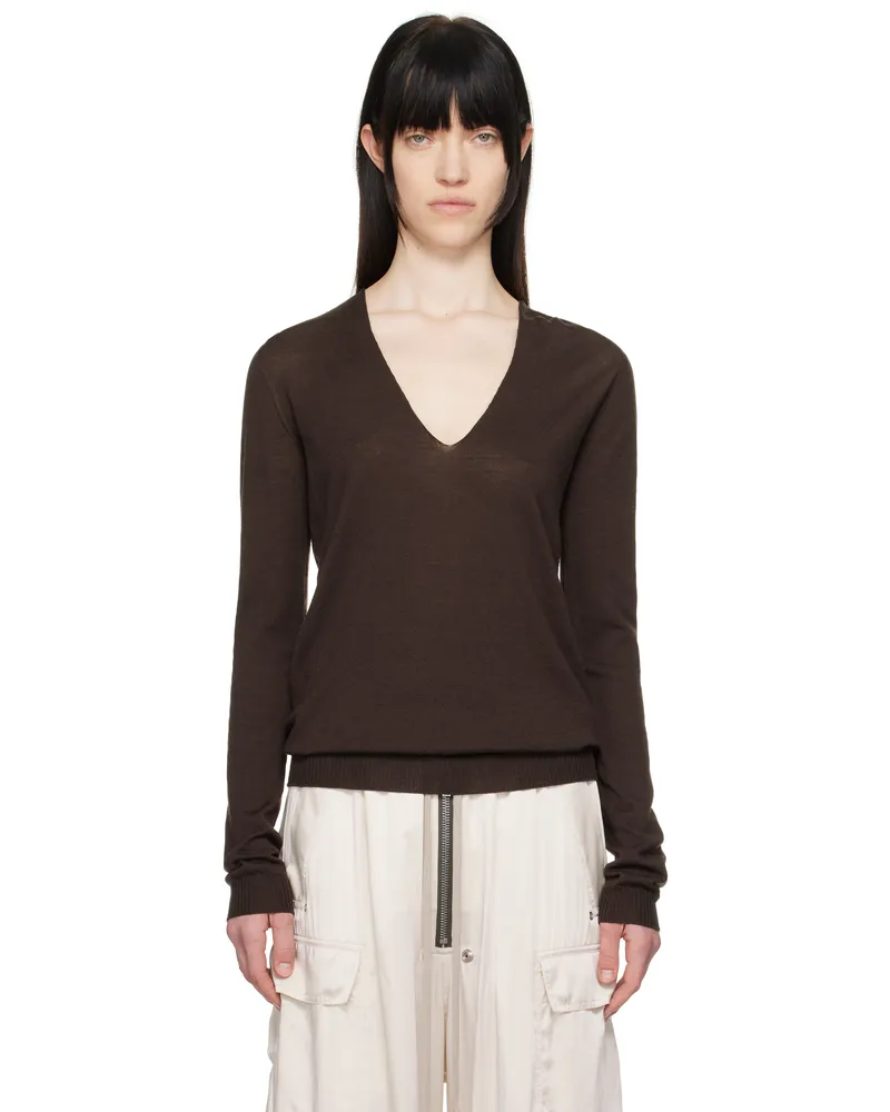 Rick Owens Brown Hollywood V Neck Pull Sweater 14