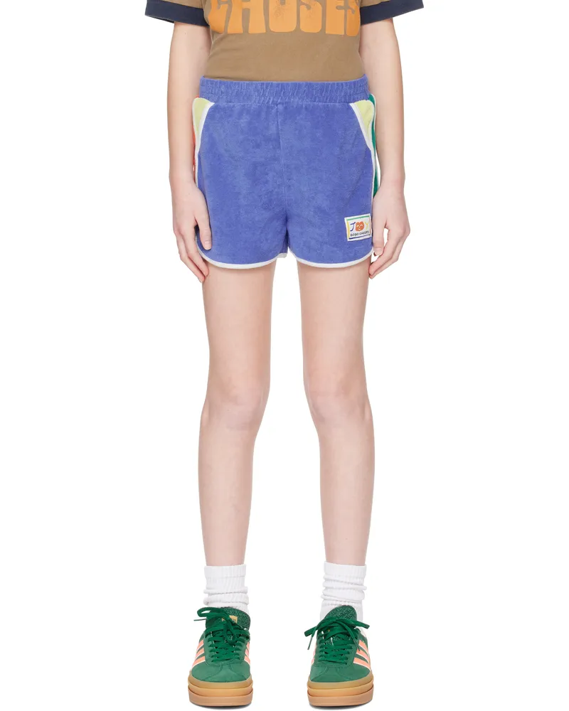 BOBO CHOSES Kids Blue Smiling Color Block Terry Cloth Shorts Blue