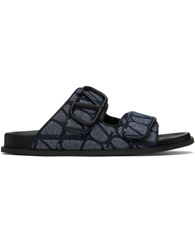 Valentino Garavani Blue & Black Toile VLogo Iconographe Sandals Denim