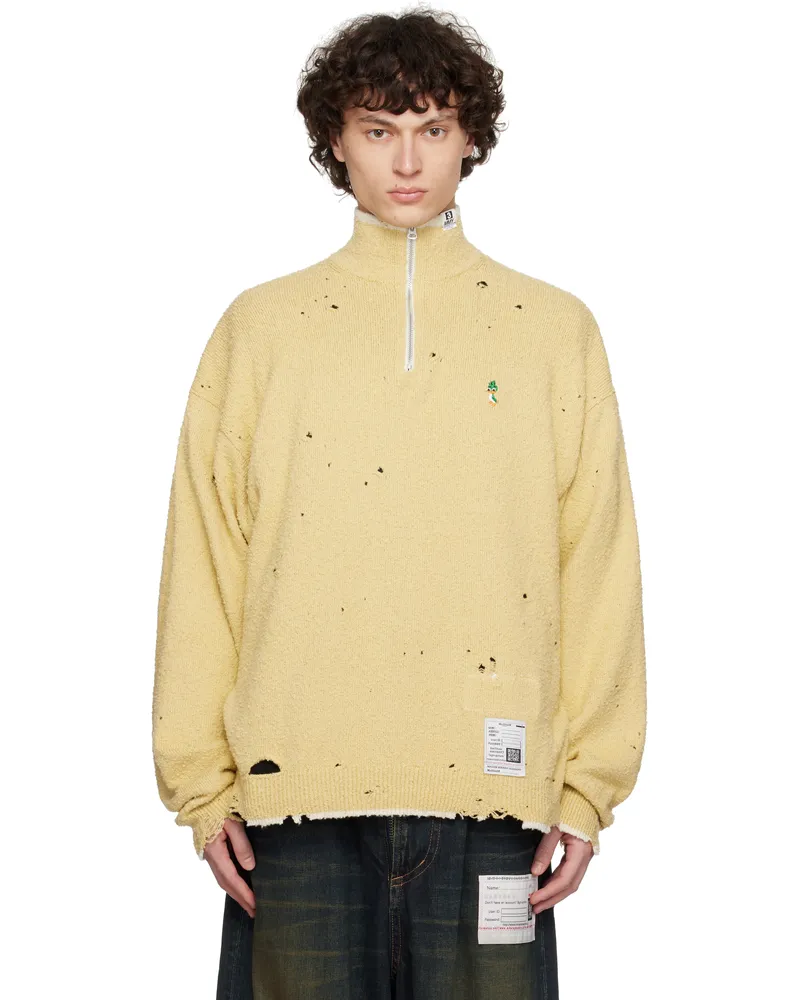 MIHARAYASUHIRO Yellow Distressed Knit Half Zip Sweater Yellow