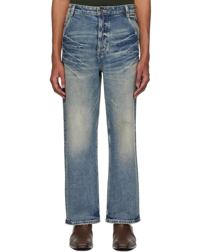 Fax Copy Express Blue Vintage Washed Straight-Cut Jeans Blue