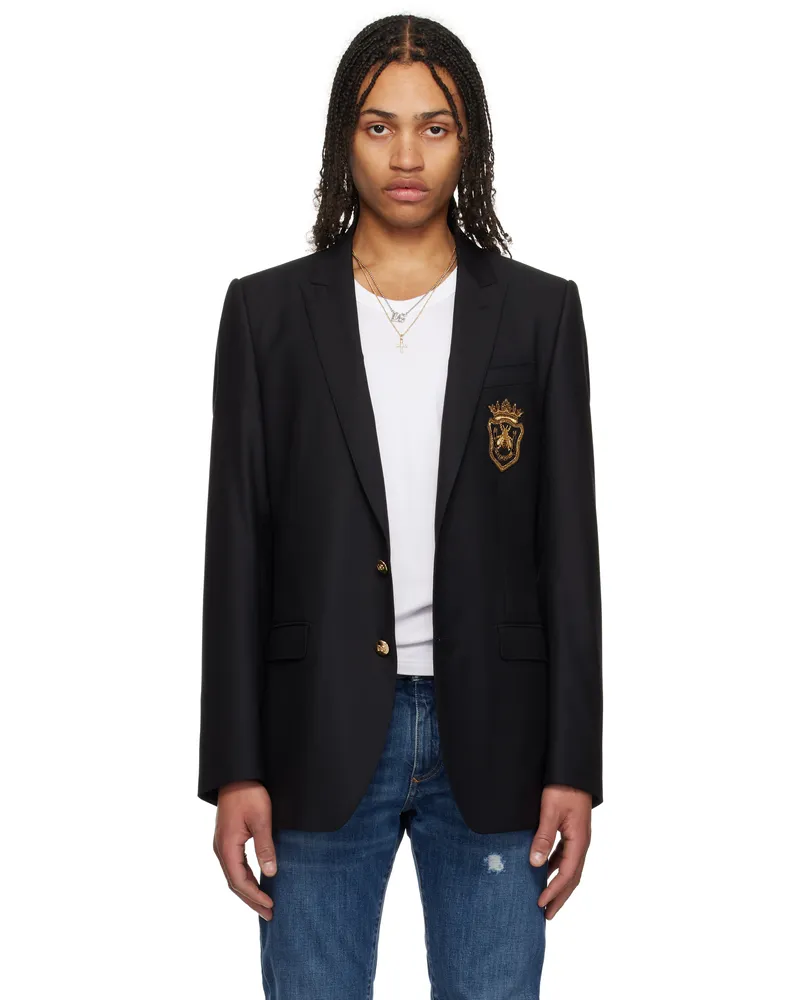 Dolce & Gabbana Black Patch Single-Breasted Wool & Silk Blazer Nero