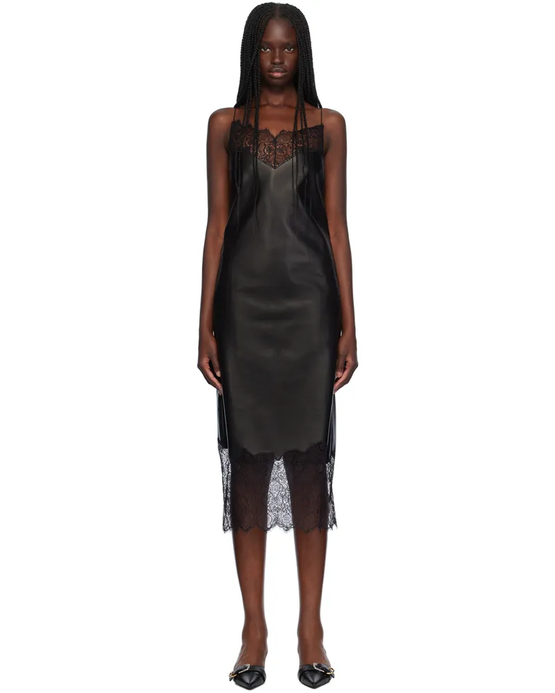 Givenchy Black Lace Trim Leather Midi Dress 001-black