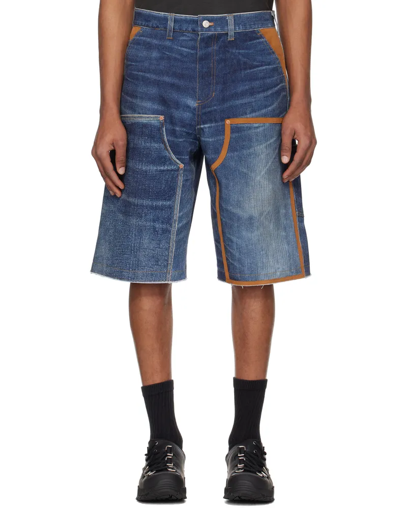 Andersson Bell Navy Trompe L'oeil Double Knee Denim Shorts Blue